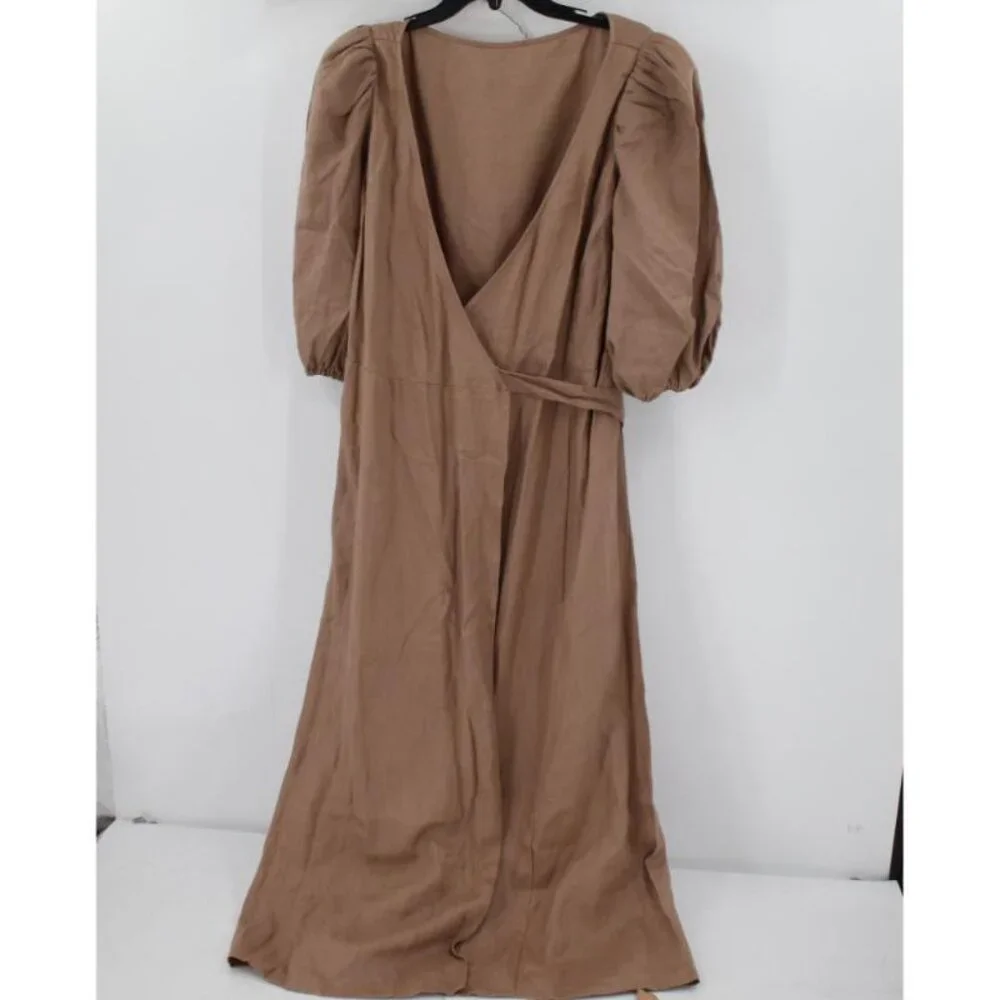 NEW Reformation Anna wrap Dress Women's XL Clay Brown Linen Puff Sleeves Midi - Picture 1 of 15